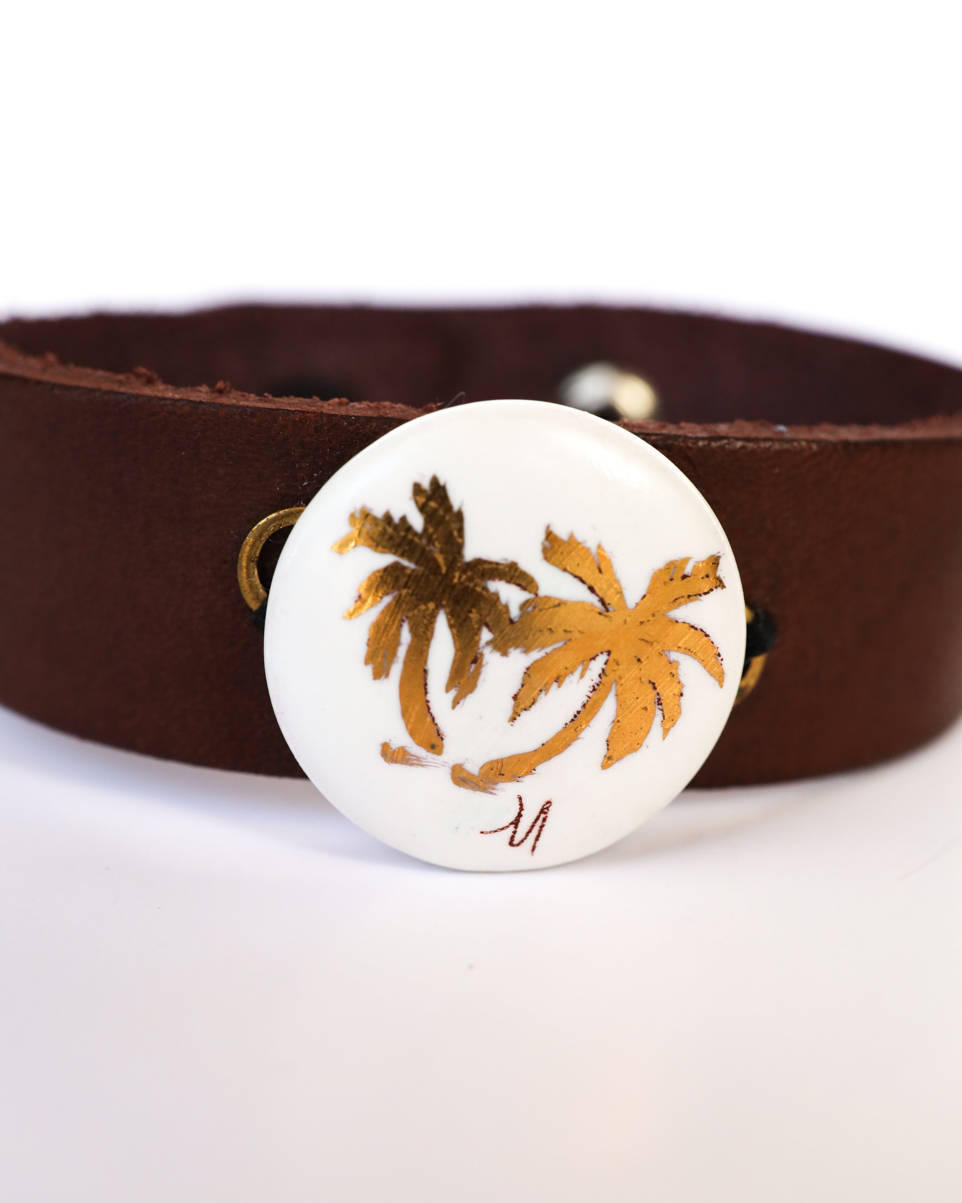 Golden Palm Leather Bracelet – Hand-Painted Porcelain Beach-Inspired Statement Piece