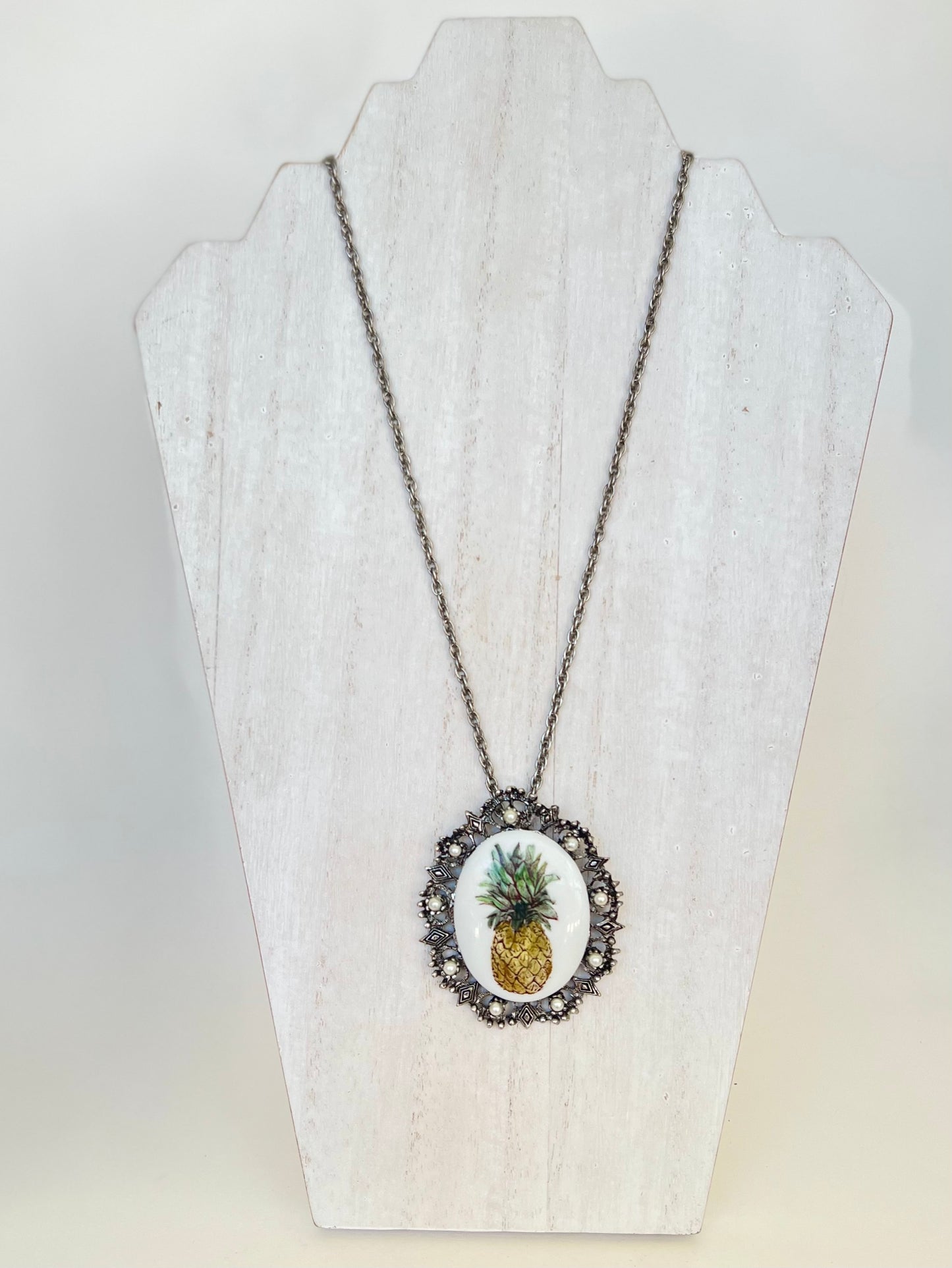 bezel with pearl accents, hand painted pineapple, Pineapple Necklace