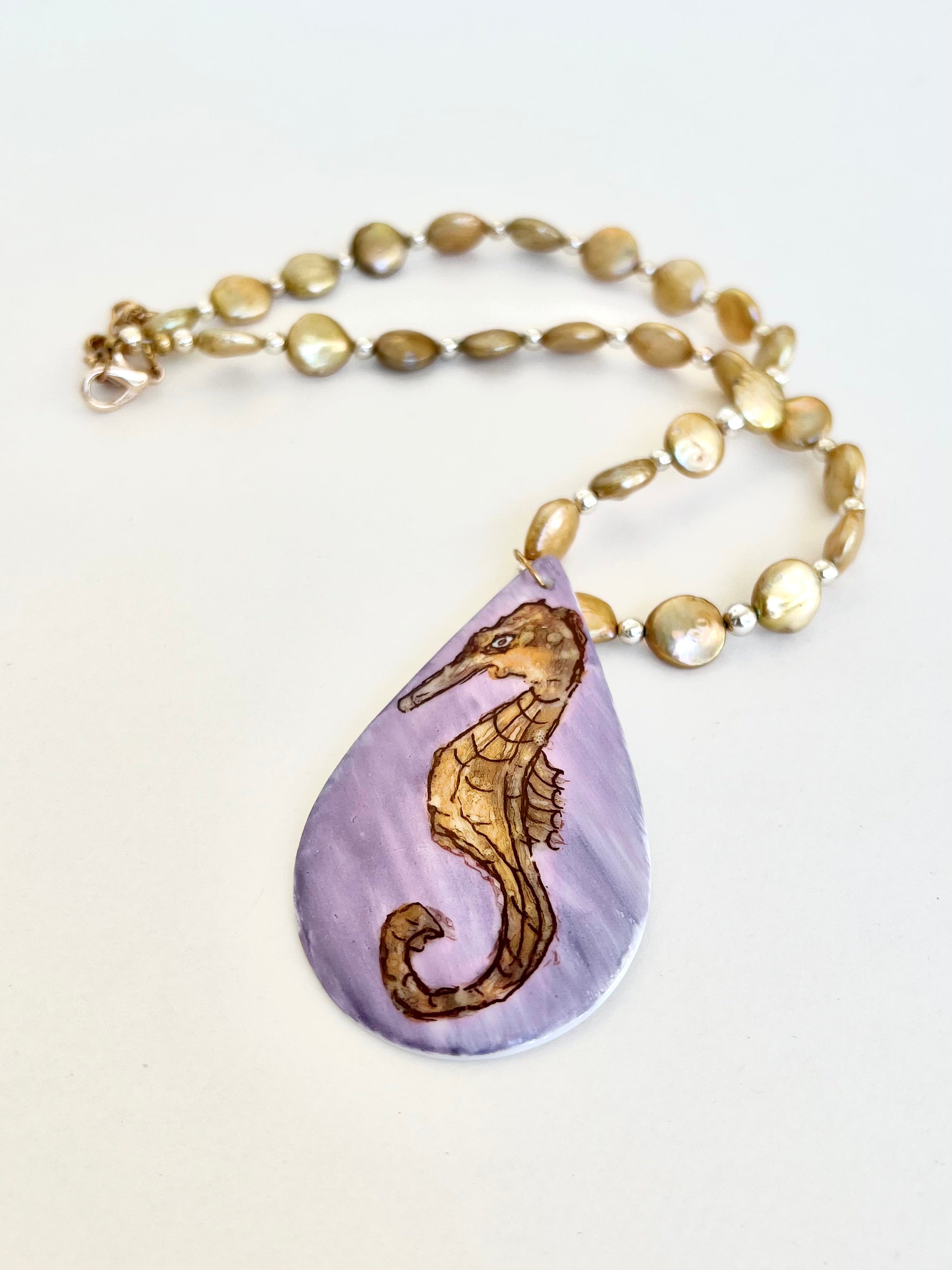 Seahorse pendant , Seahorse , pearl necklace