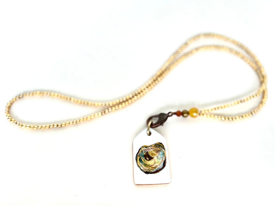 painted oyster pendant, hand painted, gold beaded necklace, coastal necklace