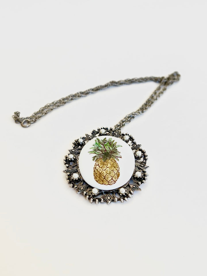 bezel with pearl accents, hand painted pineapple, Pineapple Necklace