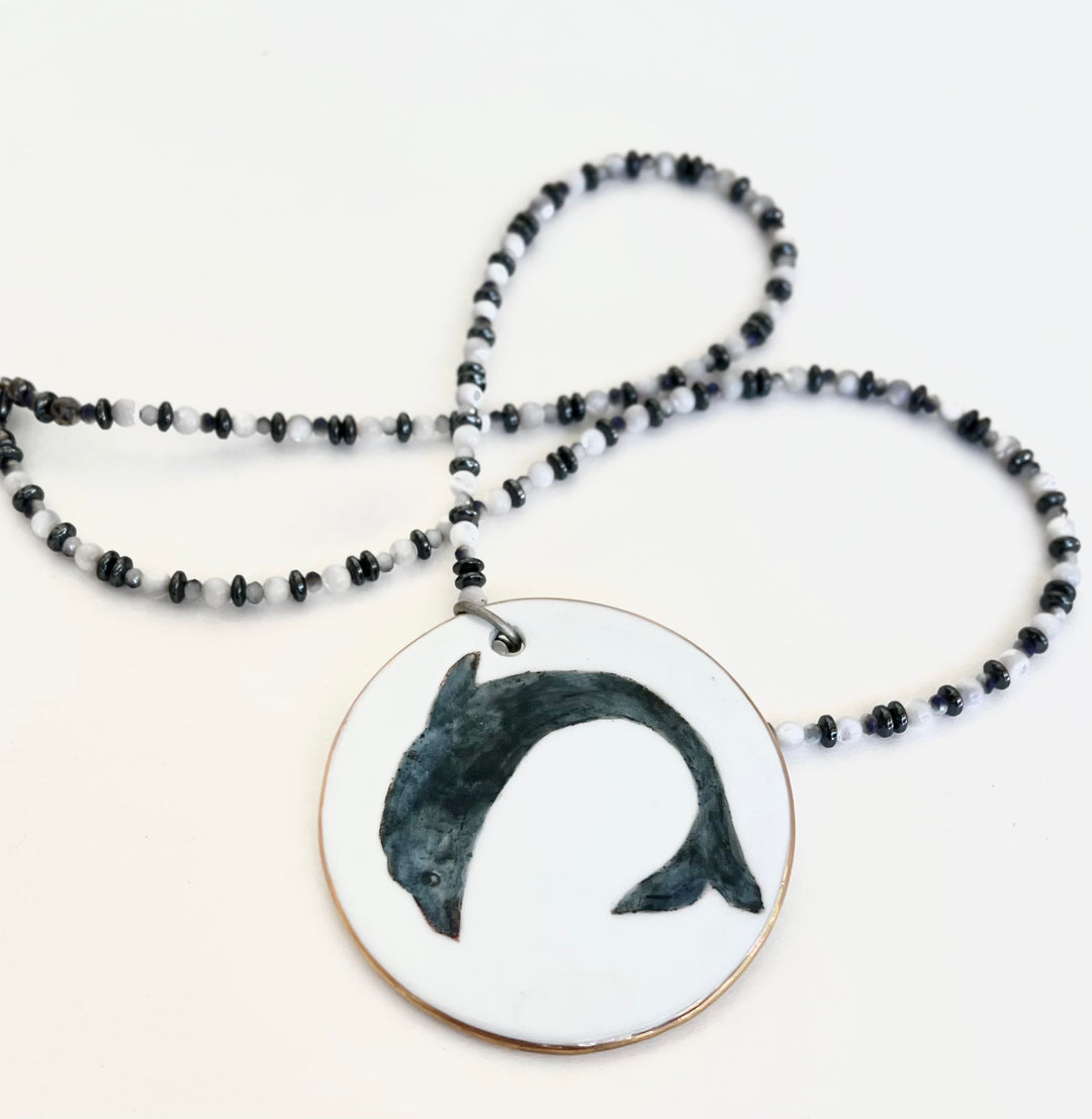 dolphin pendant, porcelain pendant, coastal jewelry, coastal necklace, beaded necklace