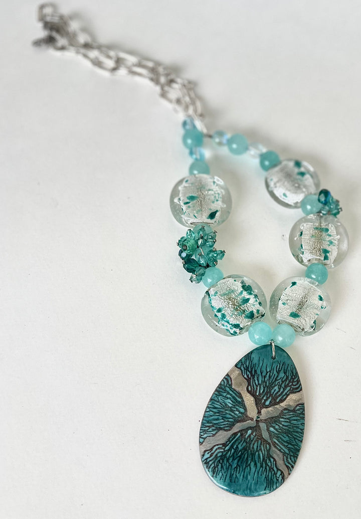 Gift for mom, turquoise coral pendant, Teardrop,  Necklace