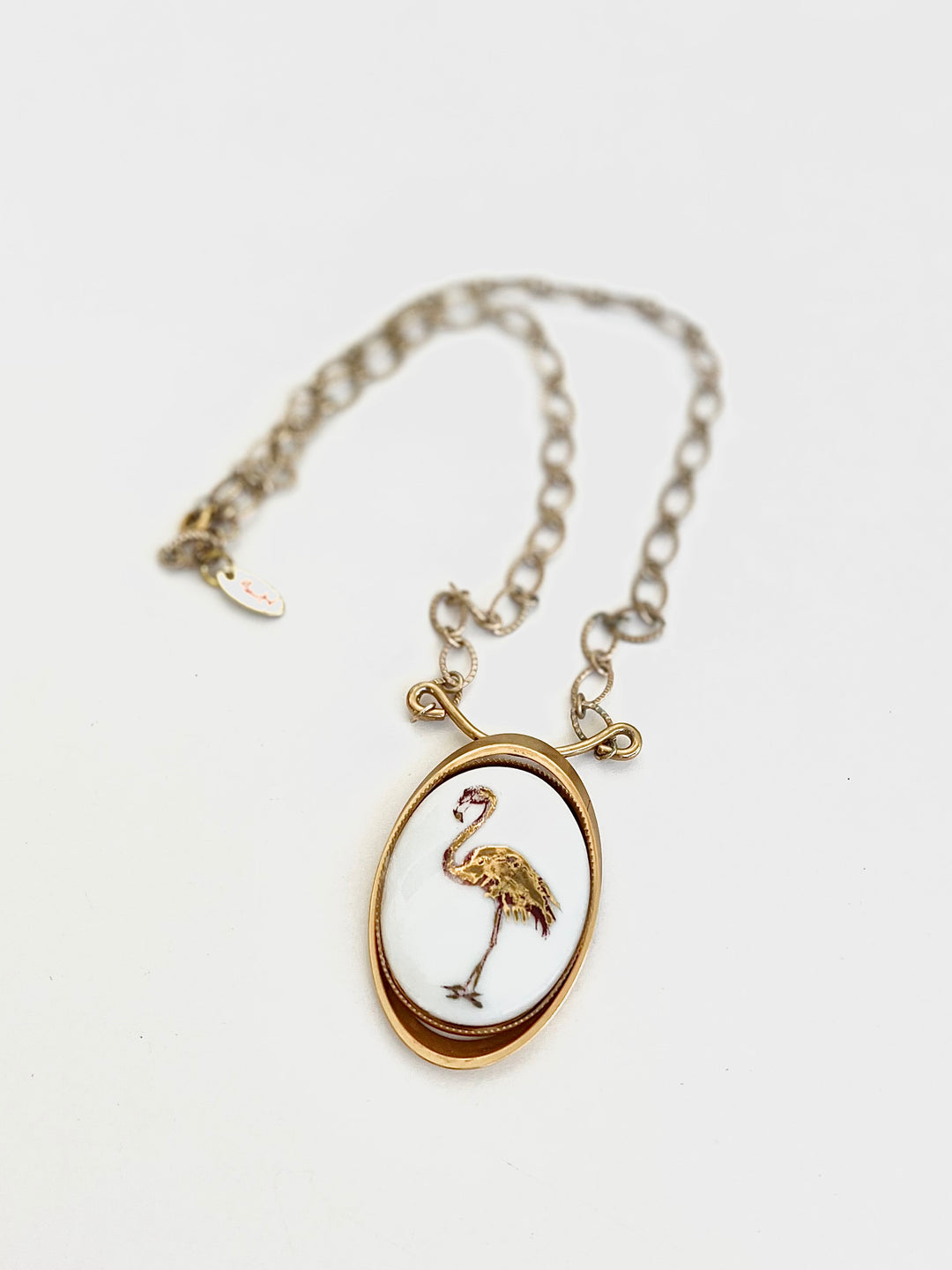 flamingo necklace, flamingo pendant, gold filled chain, bezel