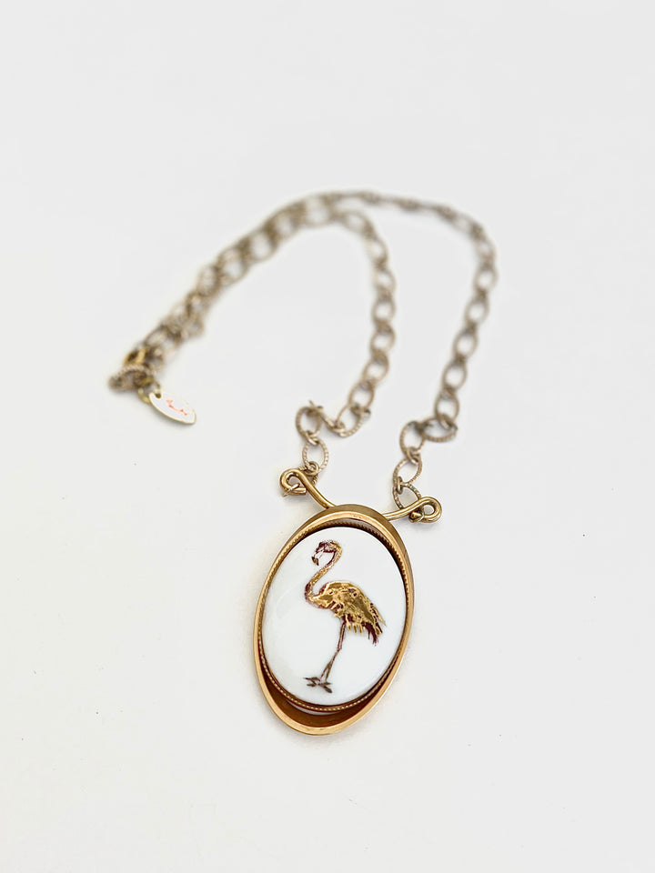 flamingo necklace, flamingo pendant, gold filled chain, bezel