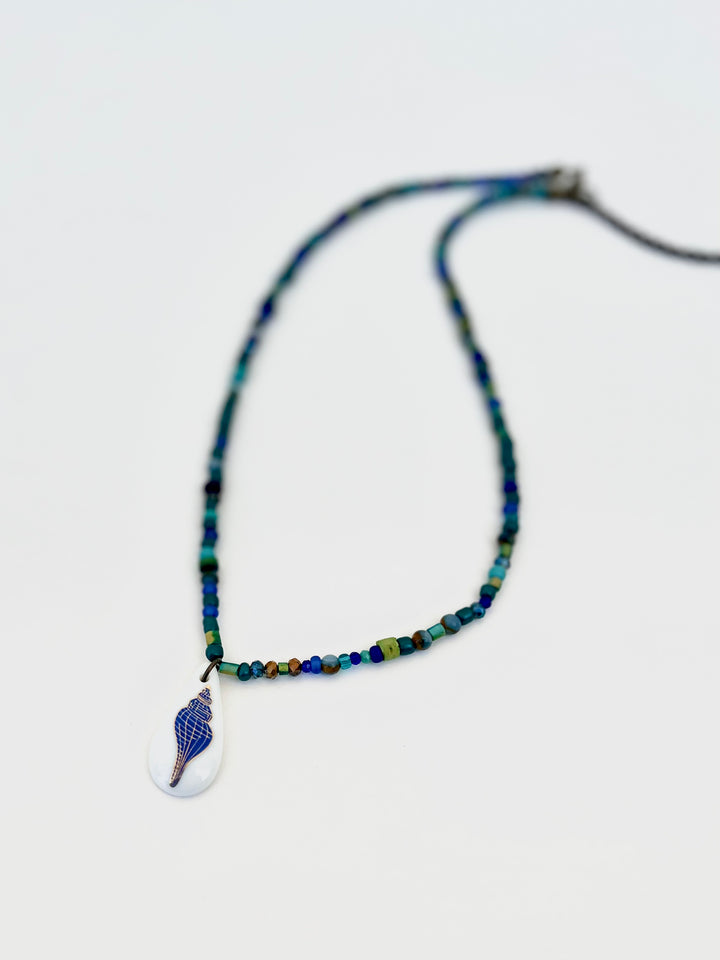 Spiral blue shell, oval pendant, coastal necklace, beaded necklace, handmade