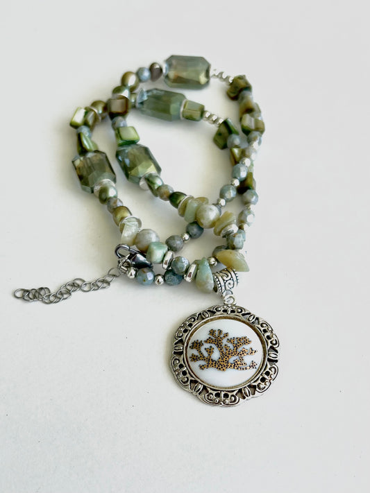 A gift, gift for that coral lover, bezel with a coral ceramic pendant, green Beaded Necklace